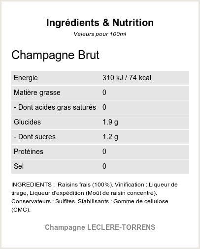 Champagne Brut - Ingrédients et Nutrition 