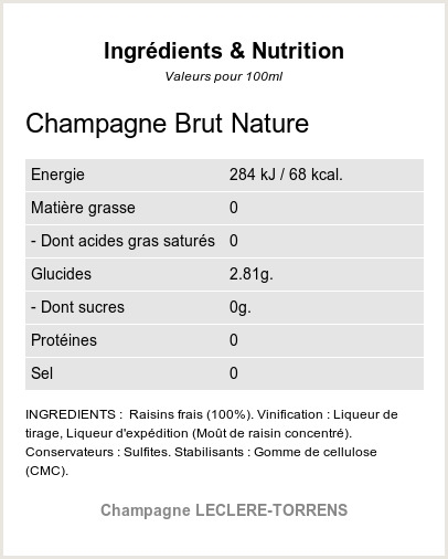 Champagne Brut Nature - Ingrédients et Nutrition 