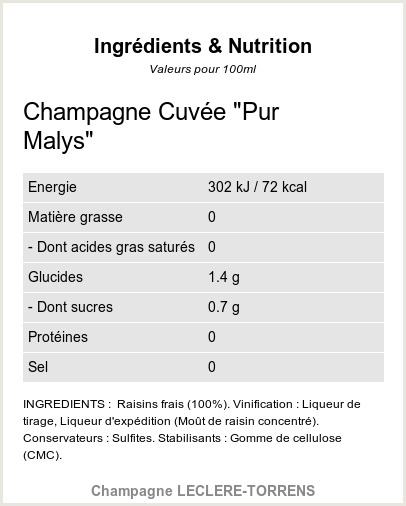 Champagne PurMalys - Ingrédients et Nutrition 